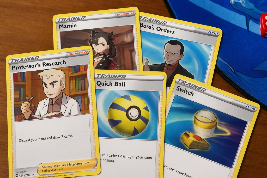 Professor’s Research, Marnie, Boss’s Orders, Quick Ball, and Switch — top Trainer cards in the Pokémon TCG