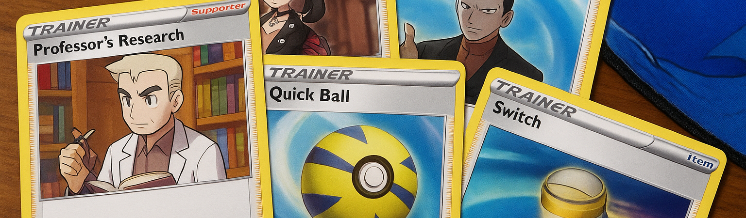 Professor’s Research, Marnie, Boss’s Orders, Quick Ball, and Switch — top Trainer cards in the Pokémon TCG