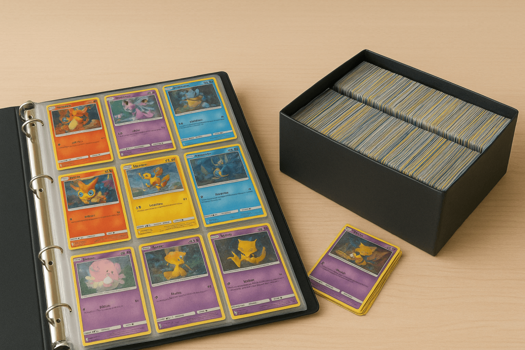 Organised Pokémon card collection in a binder and storage box with rare cards in protective sleeves