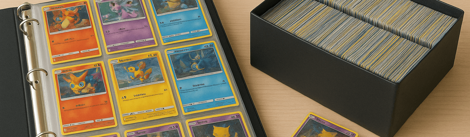 Organised Pokémon card collection in a binder and storage box with rare cards in protective sleeves